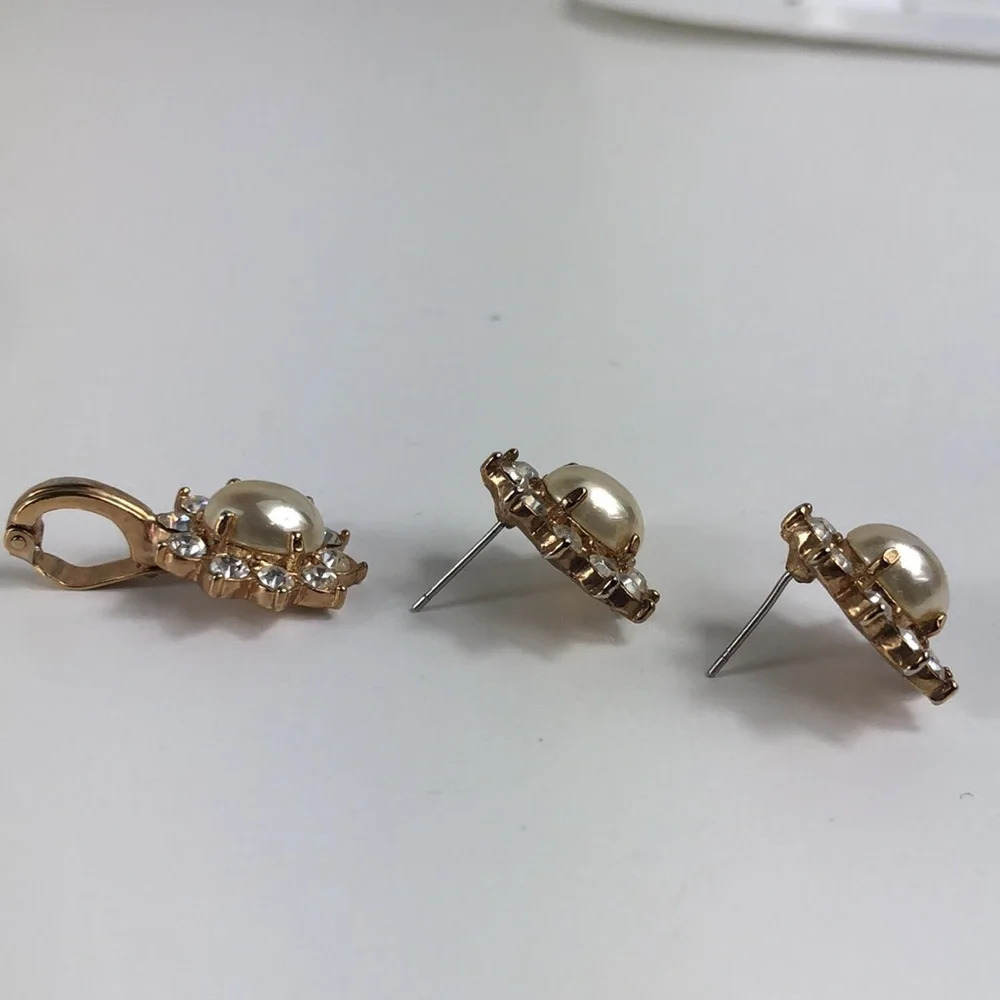 ROMAN Earrings & Enhancer Vintage Faux Pearl & Rhinestone SET Gold Tone - Picture 8 of 10